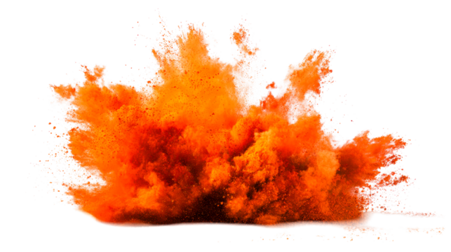 Explosion of vibrant orange powder with flying particles