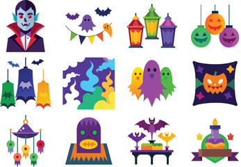 Colorful Halloween Vector Icon Set &ndash; Vampire, Ghosts, Lanterns, Pumpkins, Bats, and Magic Potions


