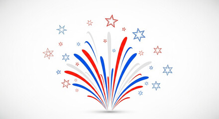 Stylized firework display with red, white, and blue bursts, surrounded by star shapes on a clean white background.