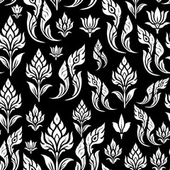 Seamless Traditional Thai Kanok and Floral Pattern – National Thai Art for Textile, Wall Painting, and Decorative Design, seamless floral pattern