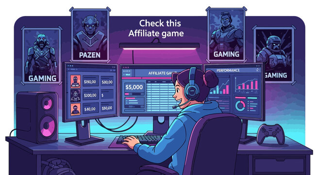 Energetic female streamer analyzing affiliate gaming income on multiple screens