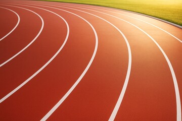 Curved outdoor running track with red lanes and white lines under warm sunlight, symbolizing movement and athletic competition concept.