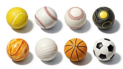 Collection of eight different sports balls arranged in two rows on a white background
