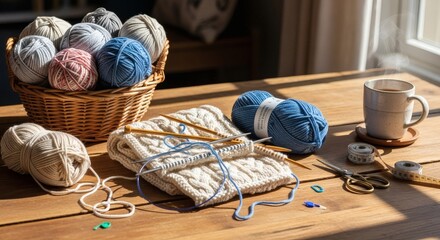 Cozy knitting scene: yarn, needles, and a half-finished cable knit project on a sunlit wooden table.