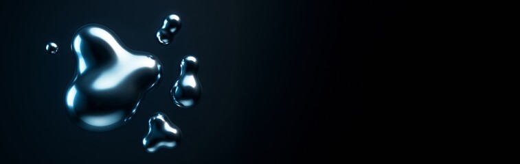 Fototapeta premium Abstract metallic liquid droplets with smooth reflective surface floating on dark gradient background with empty copyspace for creative banner design. Ai generative