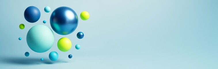 Colorful glossy spheres floating on a soft blue background with empty copyspace for creative advertising or banner design concepts. Ai generative