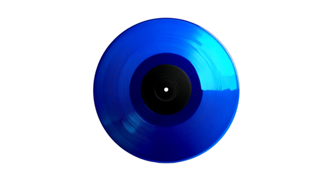 Blue vinyl record with black center label viewed from above