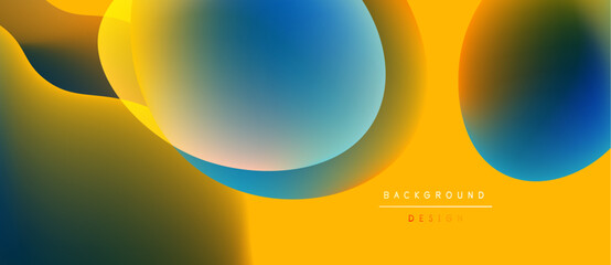 Abstract fluid shapes, vibrant colors blend. Yellow, orange, blue gradients create dynamic background design. Modern aesthetic.