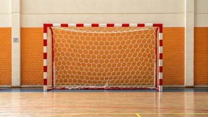 Empty handball goal with white net and red and white striped posts in a gymnasium