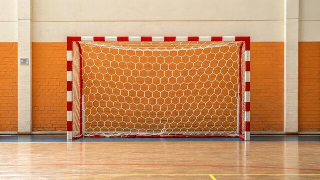Empty handball goal with white net and red and white striped posts in a gymnasium