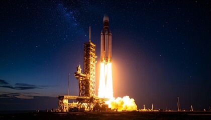 Powerful Rocket Launch Under Starry Night Sky