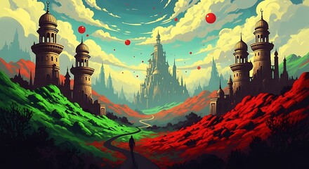 Fantasy landscape with Islamicinspired architecture red and green hills and floating red spheres