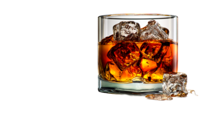 Amber whiskey drink with ice cubes in a tumbler on a reflective surface