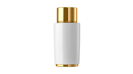 Modern sleek white cylinder bottle with shiny gold cap and base