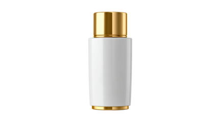 Modern sleek white cylinder bottle with shiny gold cap and base