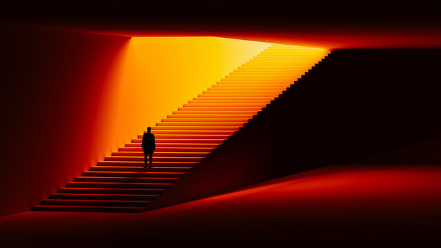 Man stands alone on stairs illuminated by dramatic light