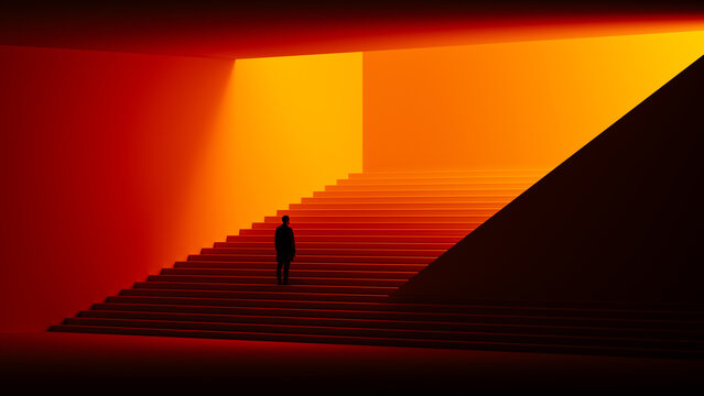 Man stands alone on stairs illuminated by dramatic light