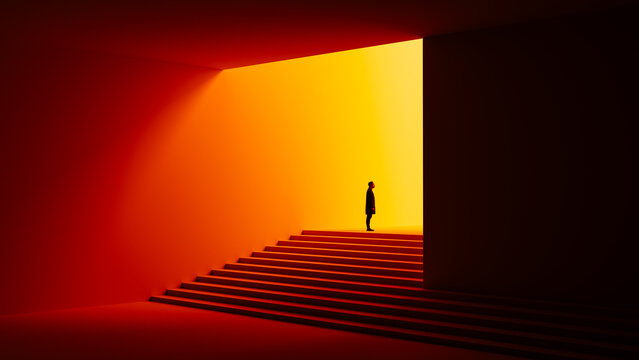 Man stands alone on stairs illuminated by dramatic light