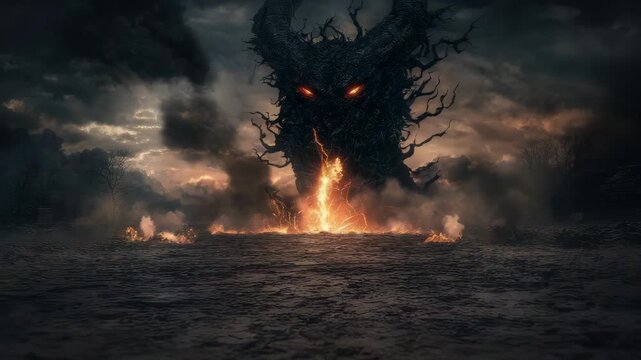 Giant dark tree glowing with fire and smoke eerie cloudy landscape alongside dark fiery demon and dragon head with glowing eyes creating intense scene