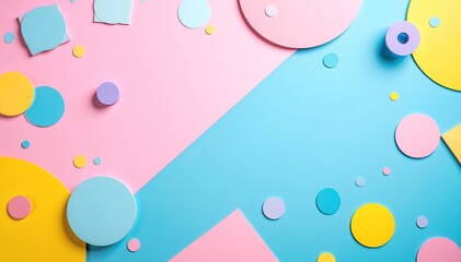 A vibrant background featuring a blend of soft pink, bright blue, and sunny yellow hues, adorned with colorful confetti scattered throughout.