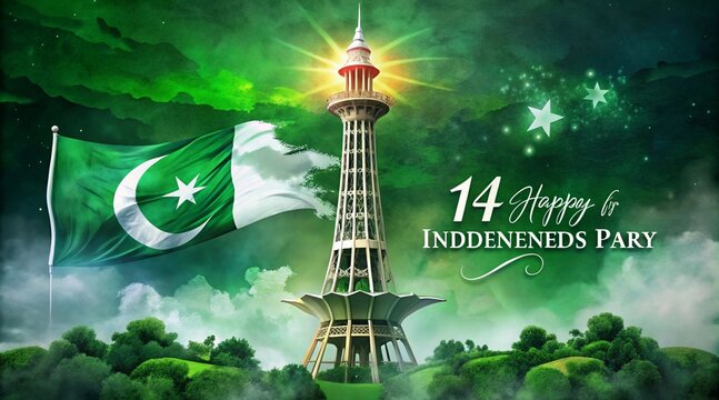 A digital graphic featuring the Pakistani flag waving against a backdrop of a vibrant sky at sunset. The date 14 AUGUST is prominently displayed, accompanied by the text PAKISTAN INDEPENDENCE DAY, sym
