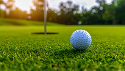 Obraz premium Golf ball near the flagstick hole, golden hour light illuminating the scene Ai Background