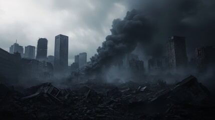 Fototapeta premium Devastated cityscape with enormous billowing smoke column against dark stormy sky, broken skyscraper silhouettes piercing through haze, scattered concrete debris and twisted metal in foreground,