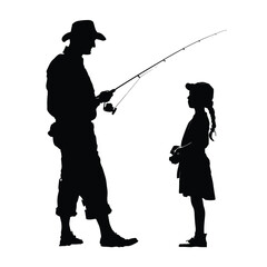 Obraz premium vector illustration of dad and daughter fishing silhouette set, Black & White silhouette set