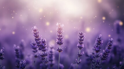 Naklejka premium dreamlike perspective of lavender field from ground level, macro lens with minimal focus creating abstract patterns, violet flowers melting into ambient purple fog, dancing golden particles of pollen