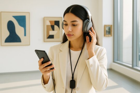 Woman in headphones using audio guide on smartphone in modern art gallery with creative abstract paintings on bright background during daylight. Ai generative