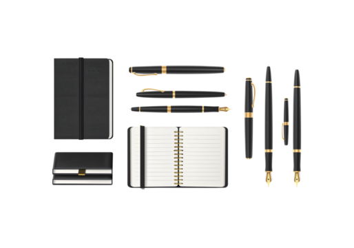 Set of elegant fountain pens and notebooks, top view, flat lay,