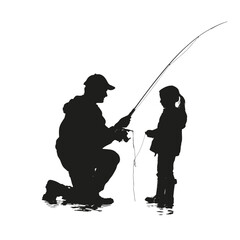 vector illustration of dad and daughter fishing silhouette set, Black & White silhouette set