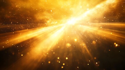 Intense horizontal amber light source emanating powerful golden rays upward through atmospheric haze, floating luminous particles catching light creating cosmic effect, ethereal god rays piercing