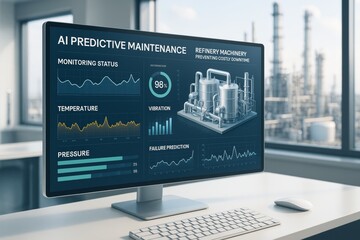 AI predictive maintenance dashboard on monitor in modern office with industrial background showing data charts and refinery system model image. Ai generative