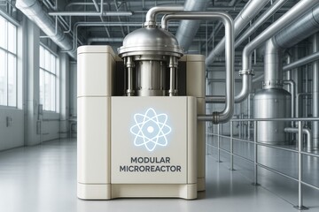 Futuristic modular microreactor unit with glowing atomic symbol in high-tech factory environment with metallic pipes and industrial light background. Ai generative