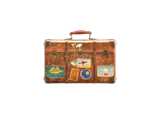 Vintage suitcase with travel stickers, realistic style,format, h