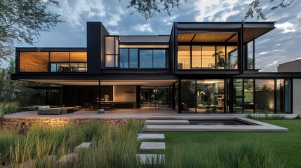 Fototapeta premium Elegant modern home with black metal and natural wood finishes, surrounded by grass and stone.