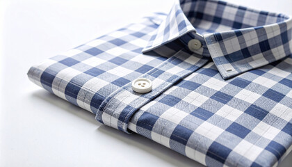 Close-up of plaid shirt fabric showing pattern, stitching, and button details, on a clean white background. Soft shadows, macro focus, high clarity.