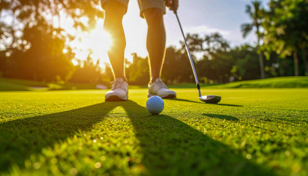Golfer lining up a putt with warm golden hour sunlight casting long shadows  Ai Background