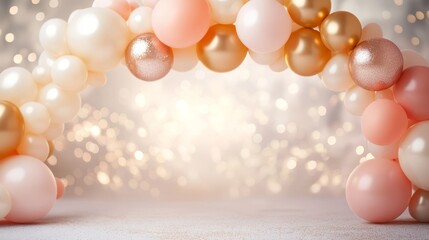 premium celebration scene featuring luxurious balloon arch gradient colors flowing from champagne gold to rose gold to pearl white delicate clouds painted in background scattered metallic dots