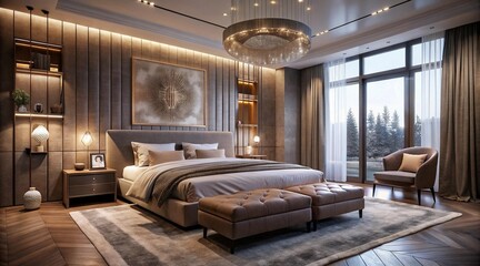 A modern bedroom featuring a king-sized bed with plush bedding and a decorative throw, flanked by bedside lamps on wooden tables. The walls are adorned with stylish paneling and warm lighting, creatin