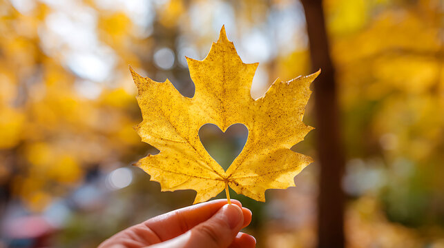 Hand holding a golden maple leaf with a heart shape cutout in autumn