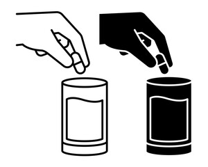 Taking or eating a pill icon set. Sick people takes a pill or supplement or vitamin. Hand putting a pill into the a glass of water. Put a pill in the mouth. Vector Illustration.