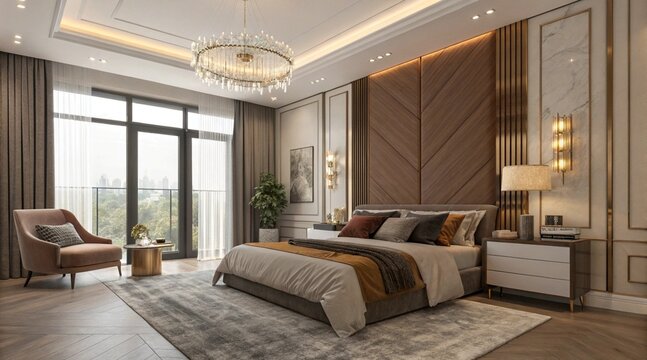 Elegant bedroom featuring a king-sized bed with plush bedding in earthy tones. A stylish armchair is positioned beside a small side table, and large windows allow natural light to illuminate the space