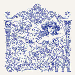 engraving illustration of victorian, rococo, baroque style elements. book cover, social media, t shirt design application