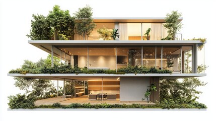 sectional perspective of split-level contemporary house, separated horizontal planes revealing spatial relationships, blonde wood flooring, minimalist office corner with built-in desk, vertical