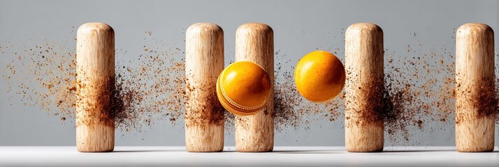 High-Quality US Bowling League Day Cricket Ball Striking Wooden Wicket Stumps with Motion Impact for Summer Sports Marketing and Independence Day Campaigns