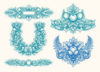 Vintage Baroque Victorian frame border flower pattern vector floral engraved scroll ornament leaf retro decorative design tattoo black and white filigree calligraphic heraldic shield swirl