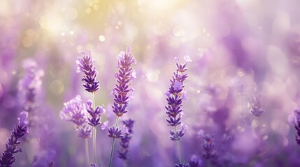 Naklejka premium serene lavender field captured through diffusion filter, flowers dissolving into soft violet watercolor effect, dappled sunlight creating magical spots of gold and green, subtle color transitions
