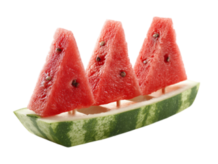 Three Triangular Watermelon Slices Arranged on a Watermelon Boat Base Isolated on Transparent Background, PNG